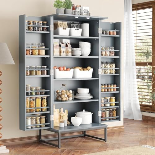 kepptory 51" Pantry Cabinet with Diamond-Patterned Doors and Golden Handles, Freestanding Kitchen Storage Cabinet with 17 Shelves, Tall Metal Base, Adjustable Feet, Grey