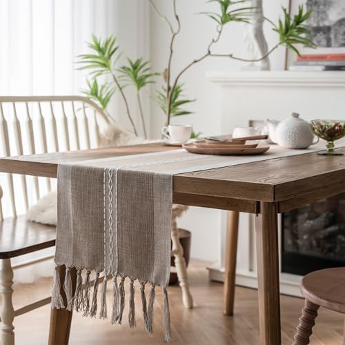 Niviy Farmhouse Table Runner, Embroidered Striped Braided Coffee Boho Table Runner, Cotton Linen Farmhouse Table Decoration for Holiday Party 12 x 36 Inches