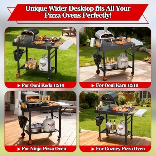 Grill Table for Ooni Pizza Oven, Ninja Pizza Oven Table with Extendable Desk - Fit Gozney, Solo Stove, Durable Outdoor Grill Cart Stand with Food Prep Topping Station for Backyard