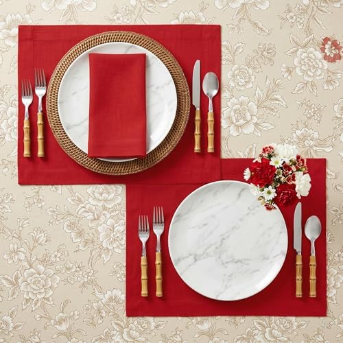 Solino Home 100% Pure Linen Woven Placemats Red, Fete 14 x 19 in, Set of 4