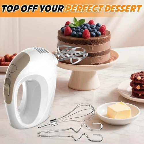 Showvigor Electric Hand Mixer with 5 Stainless Steel Whisks,5 Speed,White2