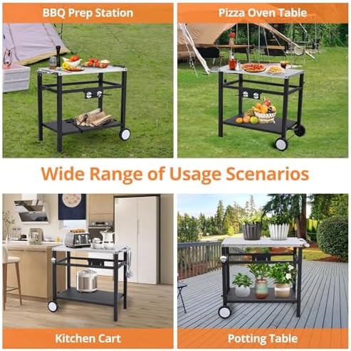 Dining Cart Table with Double-Shelf, Movable Stainless Steel Flattop Worktable, Hooks, Side Handle, Multifunctional for Bar, Patio, Camping, Home