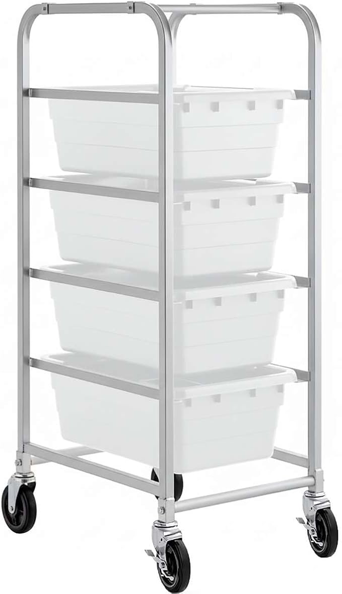 19"x26"x53" Mobile Aluminum Lug Rack with 4 White Tote Boxes – NSF Heavy-Duty Commercial Storage Cart with 5" Swivel Casters, Portable Food Prep & Dishroom Utility Rack – Freezer Safe, 4 Lug Capacity