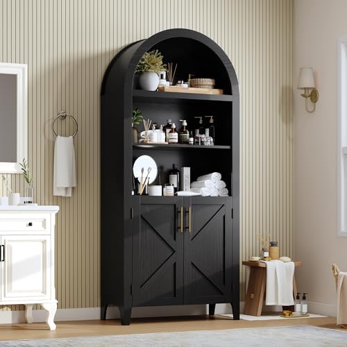 Arched Kitchen Pantry Cabinet with Doors, 5-Tier Open Display Shelf, Black