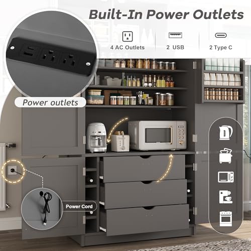 Merax 80" Tall Kitchen Pantry Cabinet with 2 Power Outlets, 41" W Modern Large Freestanding Cupboard with Microwave Stand, Drawers, Adjustable Shelves, Wine Racks & Door-Shelf for Dinner Room, Grey