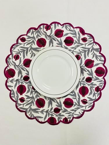 Ridhi Floral Block Print Round Placemats 15 Inch, Set of 4, Sangria Red