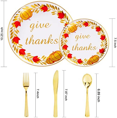 U-QE 125PCS Thanksgiving Plastic Plates with Gold Plastic Silverware