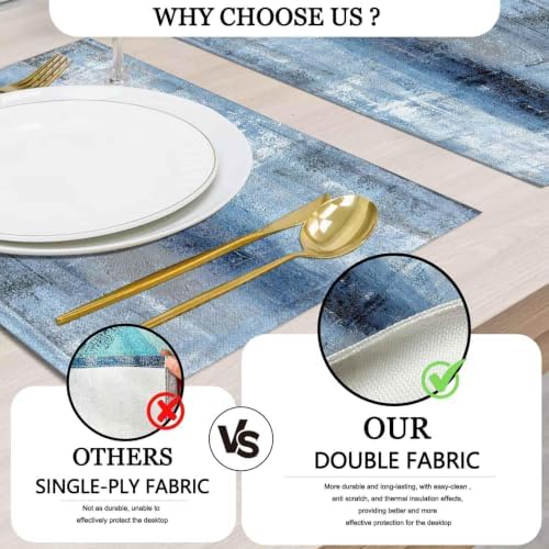 Mcalk Dark Blue Table Runner and Placemats Set of 6 Pieces, Blue Placemat, Cloth Place Mats Indoor for Kitchen, Washable Abstract Placemats Linen Material for Dining Table