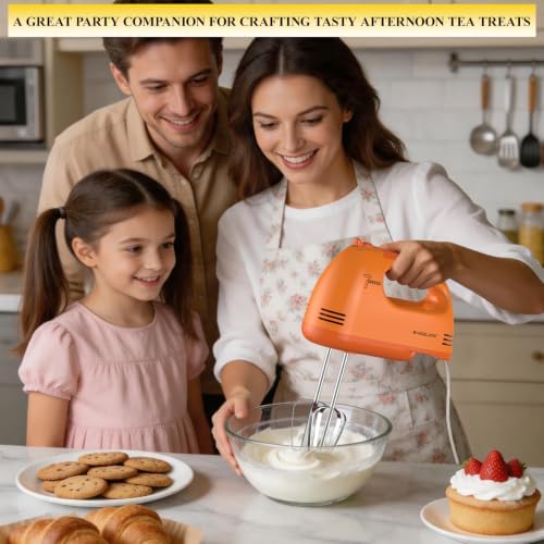 BAIGELONG Hand Mixer. 7-Speed Adjustable Kitchen Electric Mixer. With 5 Stainless Steel Attachments: 2 Hooks, 2 Beaters, 1 Whisk. Comes 1 Storage Box. Perfect for Bakers and New Starters, Orange