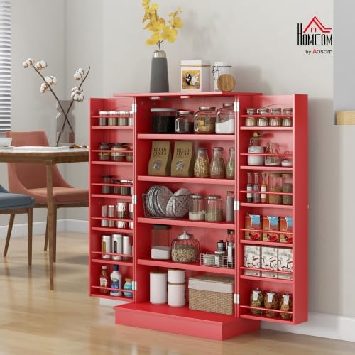 HOMCOM 41" Kitchen Pantry Storage Cabinet 12 Door Shelves Red