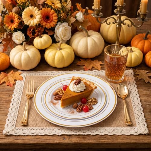FLOWERCAT 60PCS Gold Plastic Plates - Heavy Duty White and Gold Plastic Plates Disposable for Fall Party/Wedding/Thanksgiving - Include 30PCS 10.25" Dinner Plates and 30PCS 7.5" Dessert Plates
