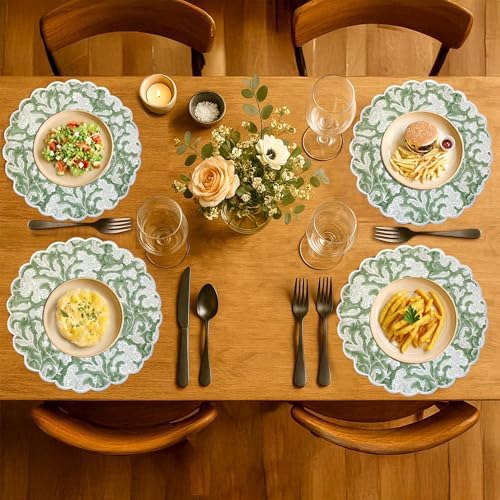 Ridhi Floral Block Print Round Placemats 15 Inch, Set of 4, Sage Green