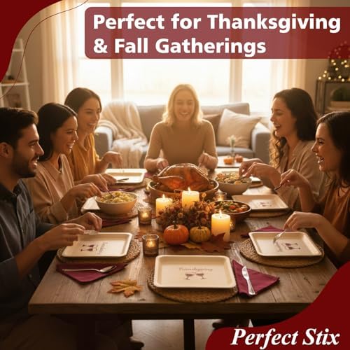 Perfect Stix Friendsgiving Plates and Napkins Set – 25 Large 10-Inch & 25 Small 7-Inch Eco-Friendly Wooden Plates with 50 Burgundy 2-Ply Dinner Napkins –Thanksgiving & Friendsgiving Gatherings