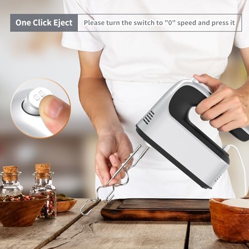 Yomelo 9-Speed Digital Hand Mixer Electric, 400W Powerful DC Motor, Hand Mixer Electric Handheld with Snap-On Storage Case, 5 Stainless Steel Accessories, Beaters, Dough Hooks, Whisk(Silvery Black)