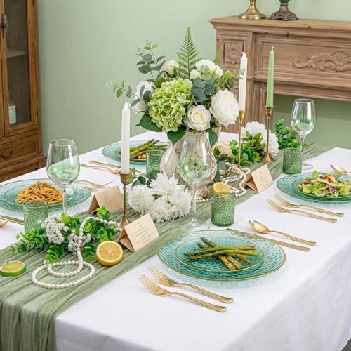 Rubtlamp 100 Clear Green Gold Plastic Plates, Hammered Clear and Gold Disposable Plates Include 50 Dessert Platos, 50 Dinner Platos for Party
