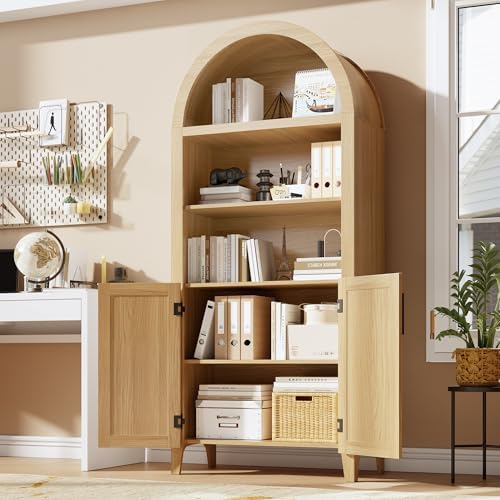 Garvee Arched Cabinet with Doors, 5-Tier Kitchen Pantry Cabinet with Adjustable Shelves, Wooden Open Farmhouse Storage Organizer for Kitchen, Dining Room, Living Room, Home Office, Natural