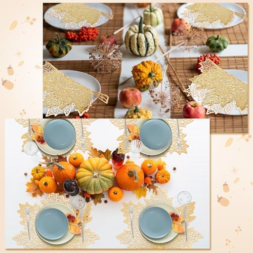 Ziliny 12 Pack Thanksgiving Maple Leaf Placemats, Fall Placemat, Gold