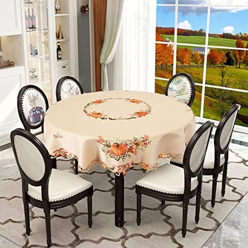 Simhomsen Large Embroidered Fall Autumn Harvest Pumpkins Tablecloth for Thanksgiving (Round 90 inches)