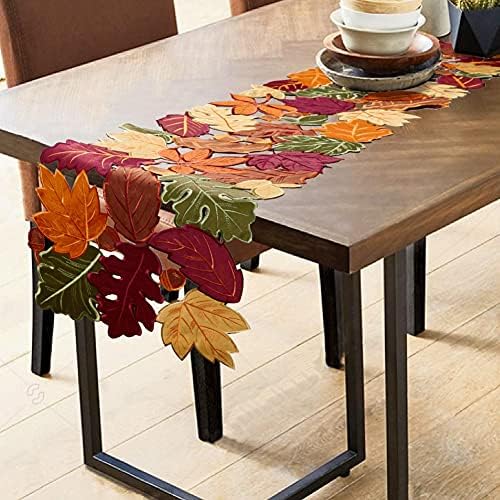 OWENIE Embroidered Fall Table Runner, Thanksgiving Runners 108 Inches Length, 13 x 108 Inch, Harvest Maple Leaf Home Decoration for Autumn, Applique Dresser Scarf