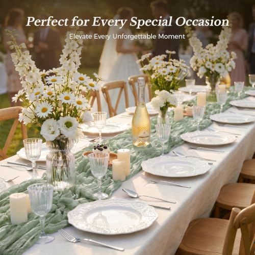 Goodluck 10 Pack 10Ft Sage Green Cheesecloth Table Runner 35x120 Inch Boho Gauze Table Runner Cheese Cloth Extra Long Romantic Table Runners for Wedding Bridal Shower Birthday Party Table Decor