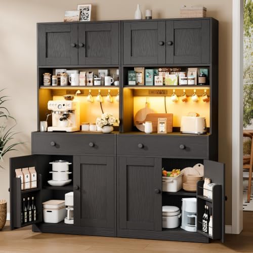 71" Tall Kitchen Pantry Cabinet with Microwave Countertop, LED Lights Black