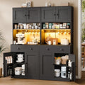71" Tall Kitchen Pantry Cabinet with Microwave Countertop, LED Lights Black