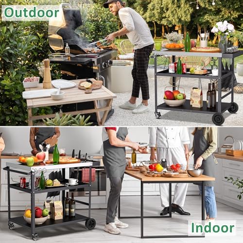 Spurgehom Outdoor Grill Cart, Pizza Oven Stand Table with Wheels