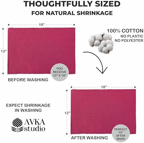 100% Cotton Ribbed Placemats - Set of 6-13 x 19 Inches - Fuchsia/Bright Pink - Everyday Basic Fabric Table Mats - Thick Construction, Washable Cloth Place Mats - by AVKA Studio