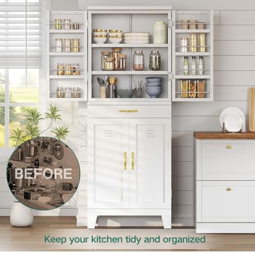 YITAHOME 71" Metal Pantry Cabinet with Drawer, Shelves & Door Racks, White