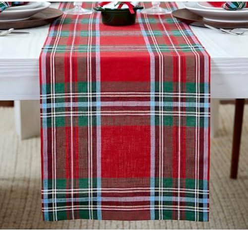 Solino Home 100% Linen Table Runner Red, Madras Holiday Plaid 14 x 72 in