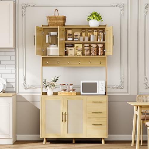 Garvee Rattan Pantry Cabinet, 71 in Kitchen Pantry with Microwave Stand, Freestanding Hutch with Drawers, Doors and Hooks, Boho Storage Cabinet for Dining Room, Kitchen, Living Room, Natural