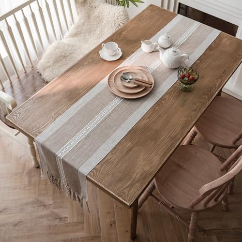Niviy Farmhouse Table Runner, Embroidered Striped Braided Coffee Boho Table Runner, Cotton Linen Farmhouse Table Decoration for Holiday Party 12 x 36 Inches