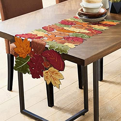 OWENIE Fall Table Runner - Thanksgiving, Farmhouse Embroidered Maple Leaves, 13 x 54 Inch, Orange
