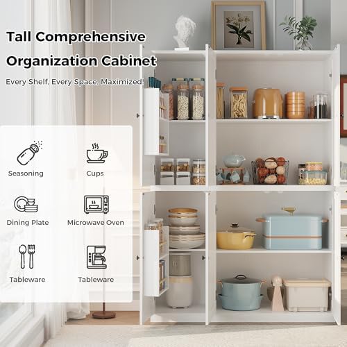 IRONCK Kitchen Pantry Storage Cabinet 47.2" W x 69" H, 6 Doors Large Storage Modern Food Pantries with 8 Shelves and Door Rack, Cupboard for Living Room Dining Room, White