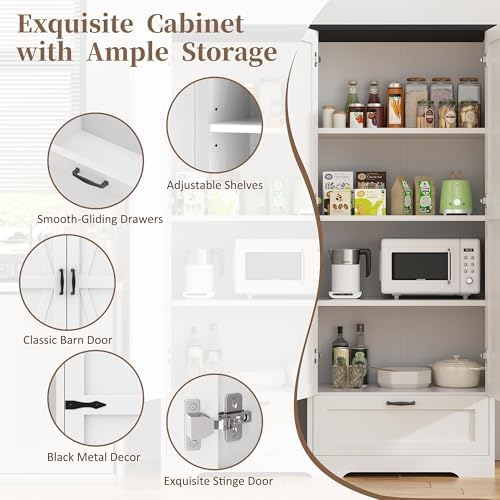 Shintenchi 65" Kitchen Pantry Cabinet, Farmhouse Tall Cupboard, White
