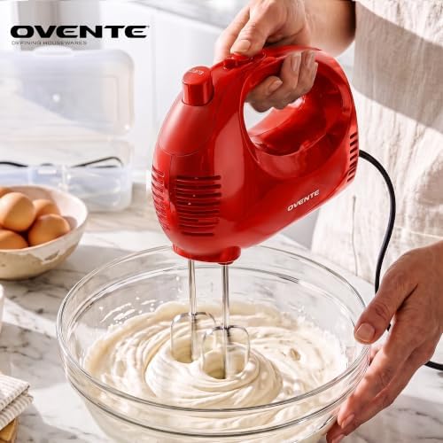 OVENTE 5-Speed Electric Hand Mixer with Storage Case, Red HM151R