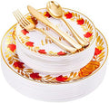 U-QE 125PCS Thanksgiving Plastic Plates with Gold Plastic Silverware