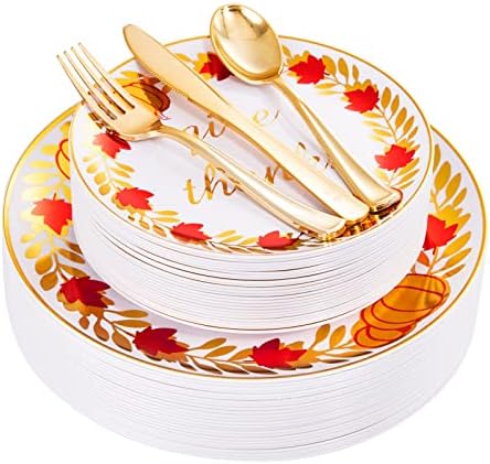 U-QE 125PCS Thanksgiving Plastic Plates with Gold Plastic Silverware