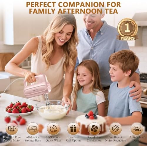 BAIGELONG Hand Electric Mixer, 5-Speed KitchenMixer with 5 * 304 Stainless Steel Attachments + Storage Base, Food Handheld Mixer for Baking, Whipping Cream, Cake Mixing, Pink