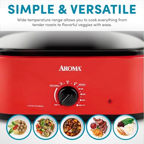 AROMA 18Qt. Roaster Oven with Self-Basting Lid, Fits 22-lb. Turkey, Adjustable Temperature Settings, Keep Warm Setting, Red (ART-718R)