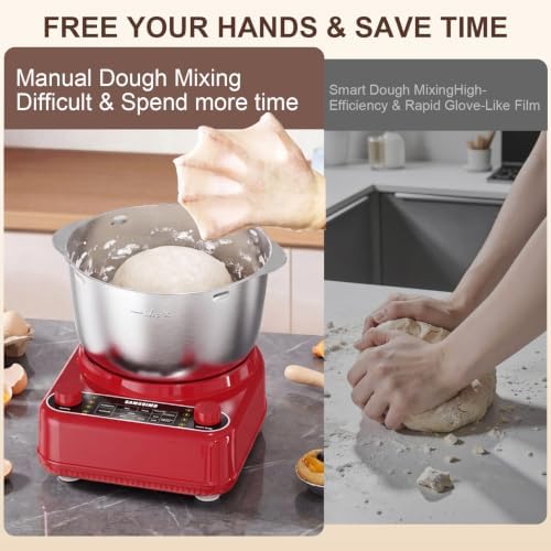 Electric Dough Maker with Ferment Function, 6.5QT Stand Dough Mixer, Dough Kneading Machine with 304 Stainless Steel Bowl, Removable Lid & Knob Control, Ideal for Bread, Pizza, Pasta - Empire Red