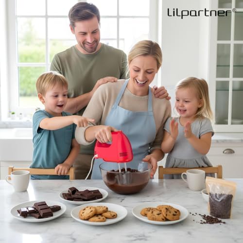 LILPARTNER Electric Hand Mixer with Storage Box, Ultra Power Kitchen Hand Mixer With 7-Speed & 5 Stainless Steel Accessories for Whipping Dough, Cream, Cake, Dishwasher Safe, LIGHT RED BOX