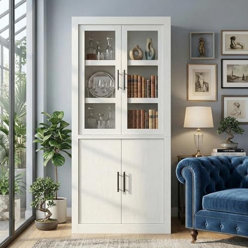 Farmhouse Kitchen Pantry Storage Cabinet, 70.5" Tall Wood Cupboard with 4 Doors and Adjustable Shelves, Rustic White Freestanding Organizer for Kitchen, Dining Room, White