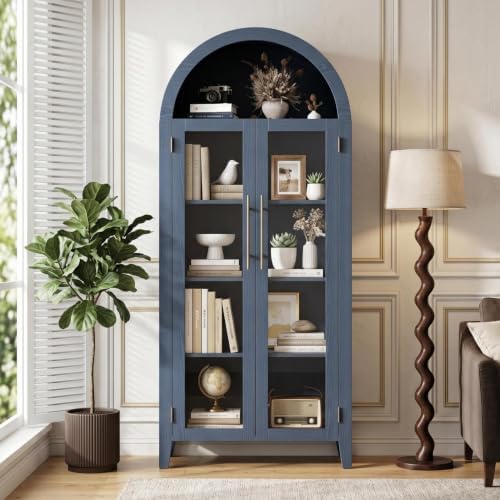 Garvee Arched Cabinet with Glass Doors, 5-Tier Kitchen Pantry Cabinet with Adjustable Shelves, Farmhouse Display Storage Cabinet for Dining Room, Living Room, Blue