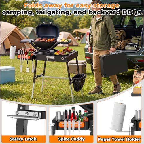 EUTRKei Portable Grill Table for Weber Q1200, Q1000, Q2200, Q2000, Q2400, Griddle Stand for Ninja Woodfire Collection OG700, OG800, OG900 Series, Folding Grill Cart with Caddy for Camping, Travel