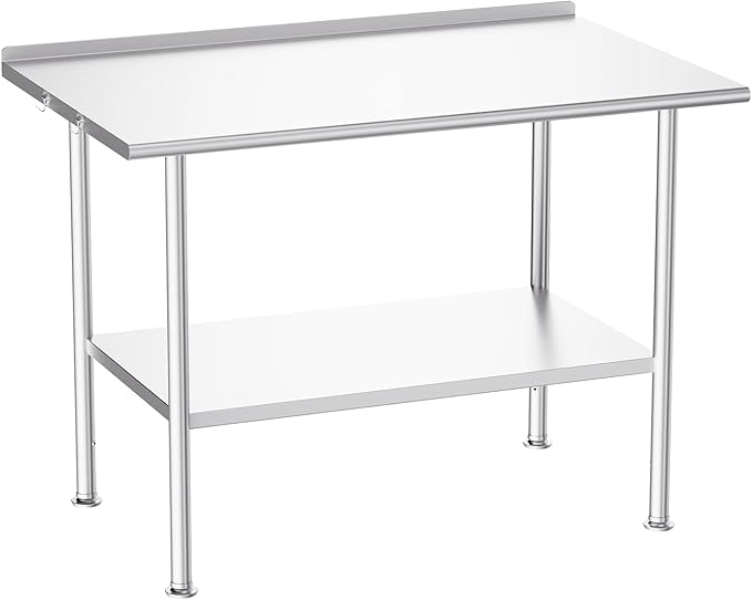 All-Stainless Steel Prep Table, 30 X 48 Inch, with Rounded-Corner Backsplash and Adjustable Undershelf, Heavy-Duty for Outdoor Use,Restaurants,Hotels,Workshops,Kitchens,Gardens, and Garages