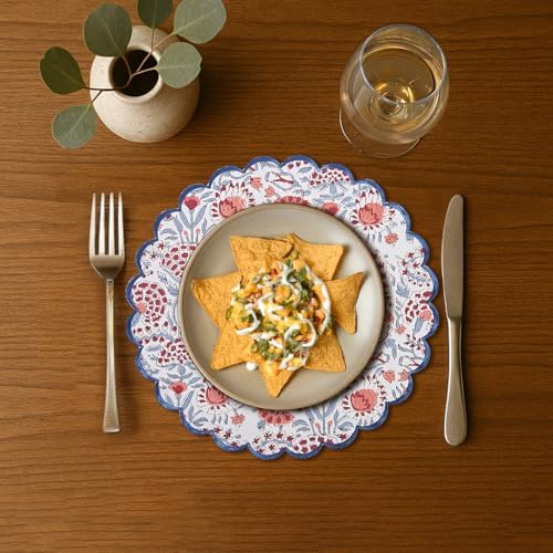 Ridhi Floral Block Print Round Placemats 15 Inch Set-4, Pigeon Blue & Pink
