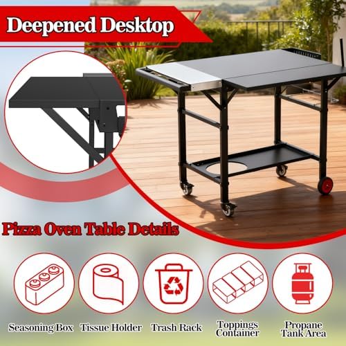 Grill Table for Ooni Pizza Oven, Ninja Pizza Oven Table with Extendable Desk - Fit Gozney, Solo Stove, Durable Outdoor Grill Cart Stand with Food Prep Topping Station for Backyard