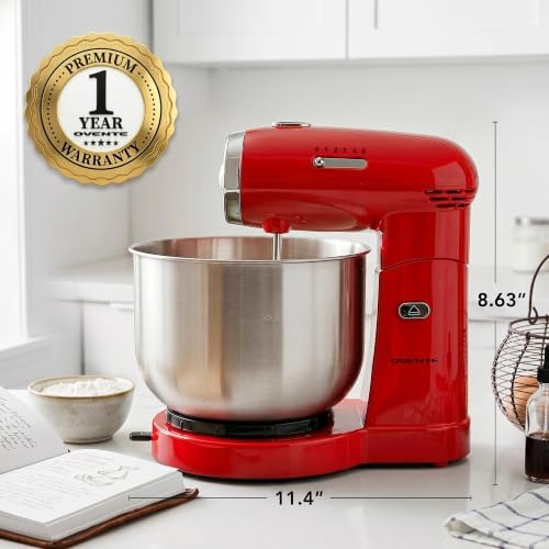 OVENTE Electric Stand Mixer, 3.5 QT, 5 Mixing Speeds, 250W, Red SM680R