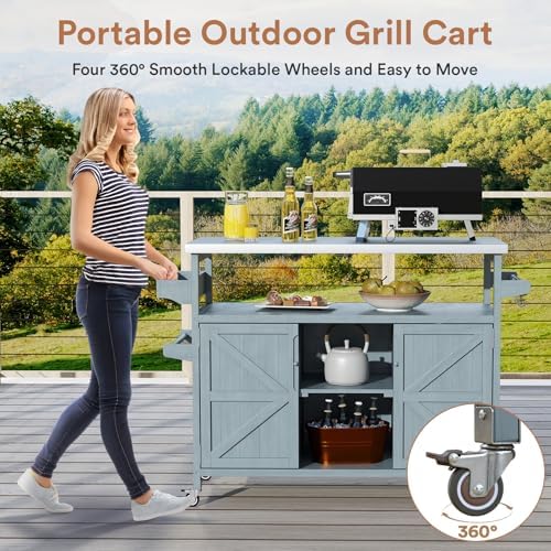Zevemomo Outdoor Grill Cart with Storage, Lockable Casters, Gray-Blue